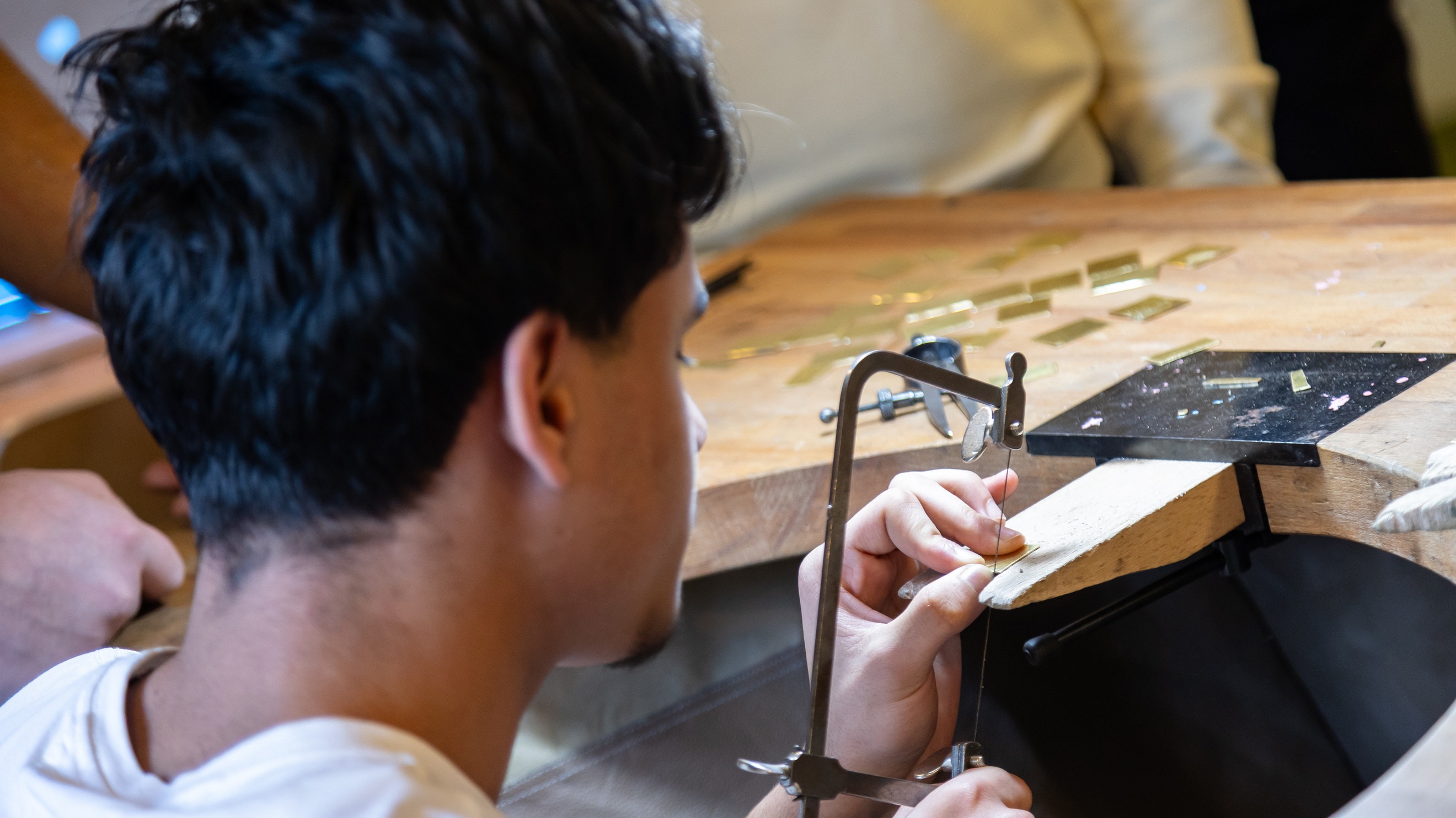 Rückenansicht einer Person, die mit einer feinen Säge in ein befestigtes Stück Holz vertikal hineinsägt