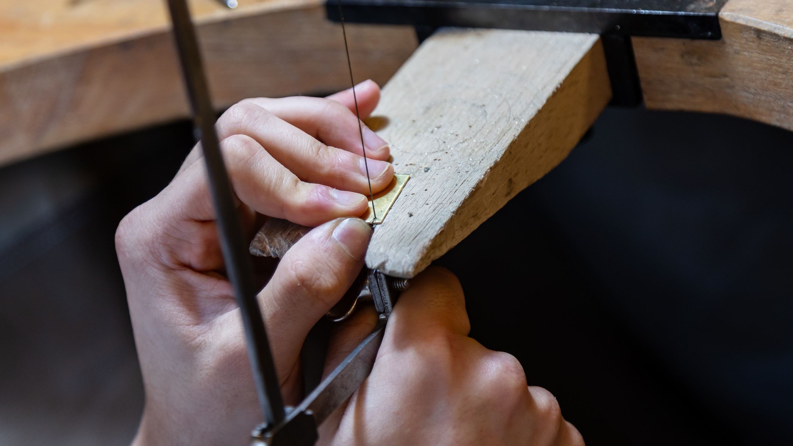 Rückenansicht einer Person, die mit einer feinen Säge in ein befestigtes Stück Holz vertikal hineinsägt