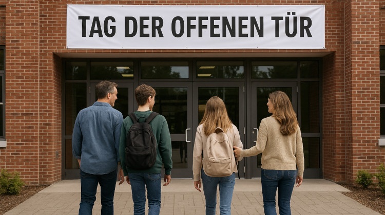 Rückenansicht von zwei Erwachsenen und zwei Jugendlichen, die in ein Gebäude aus Ziegeln hineingehen. Die Jugendlichen haben jeweils einen Rucksack. Über dem Eingang des Gebäudes hängt ein Schild, auf dem Tag der offenen Tür steht