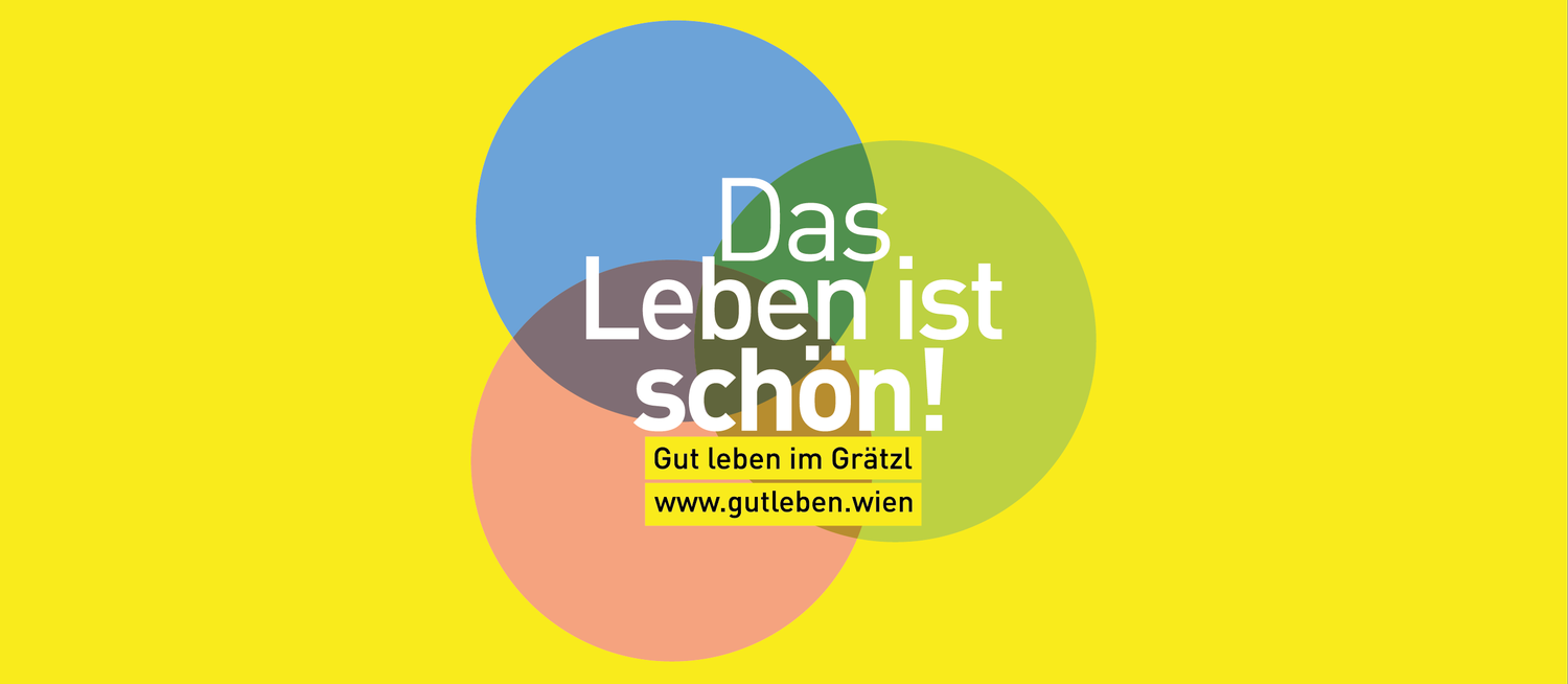 Gelber Banner mit drei überlappenden Farbkreisen und dem Schriftzug Das Leben ist schön!