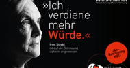 Sujet mit schwarzem Untergrund, in der linken Ecke ist der Ausschnitt des Gesichtes.  Im Sujet ist der Schriftzug Ich verdiene mehr Würde. In der rechten oberen Ecke ist das Logo der Wirtschaftskammer Wien Personenberatung & Personenbetreuung