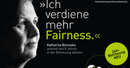 Sujet mit schwarzem Untergrund, in der linken Ecke ist der Ausschnitt des Gesichtes. Man sieht den Schriftug Ich verdiene mehr Fairness. In der rechten oberen Ecke ist das Logo der Wirtschaftskammer Wien Personenberatung &Personenbetreuung