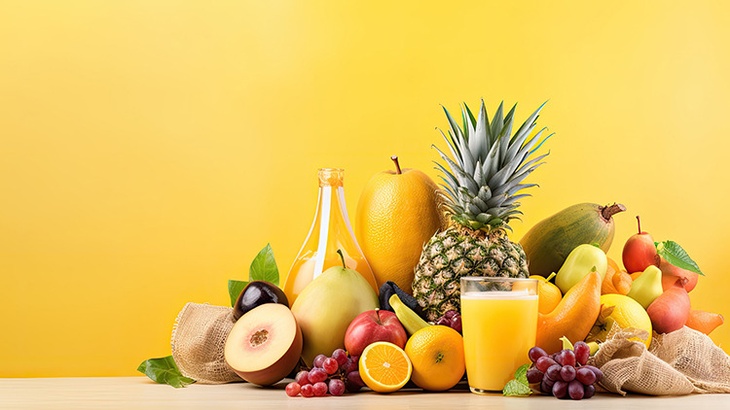 Verschiedene Obstsorten auf gelbem Hintergrund.