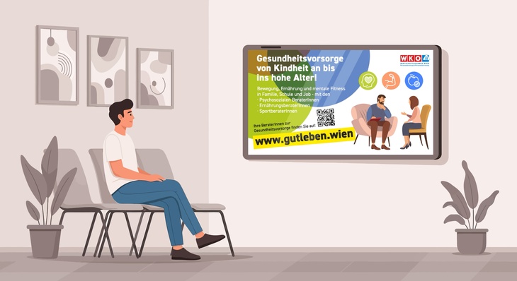 Eine grafische Darstellung einer Person, die in einem Wartezimmer sitzt und auf einen Bildschirm blickt, auf welchem ein Gesundheitsvorsorge-Spot läuft.