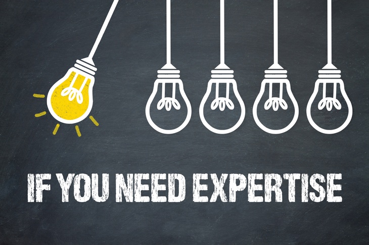 Illustration mit fünf hängenden Glühbirnen auf dunklem Hintergrund. Eine Glühbirne leuchtet gelb, vier sind ausgeschaltet. Darunter steht der Text „IF YOU NEED EXPERTISE“.