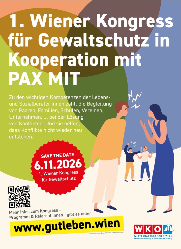 Eine Grafik mit buntem Hintergrund, auf dem im Vordergrund zwei Personen sind, die sich gegenüber stehen. Zwischen den Personen sind Blitze. Daneben steht ein längerer Text, unter anderem: erster Wiener Kongress für Gewaltschutz am sechsten November 2026