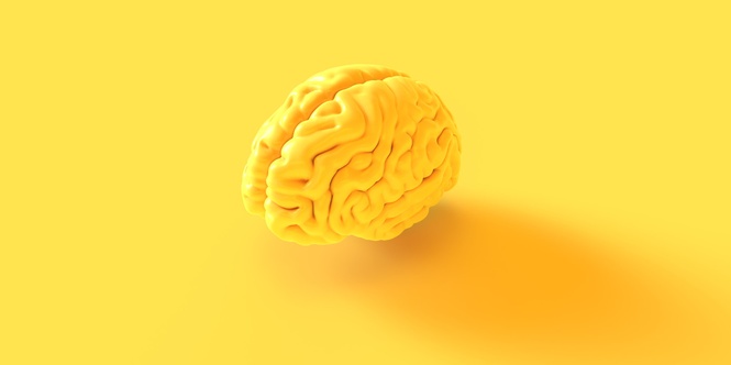 Gelbes dreidimensionales Gehirn auf gelbem Hintergrund