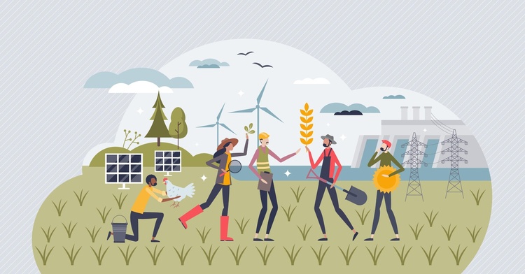 Illustration mehrerer Personen in unterschiedlichen Berufskleidungen auf Wiese stehend, im Hintergrund Bäume, Windräder, Solarpaneele und Wasserkraftwerk